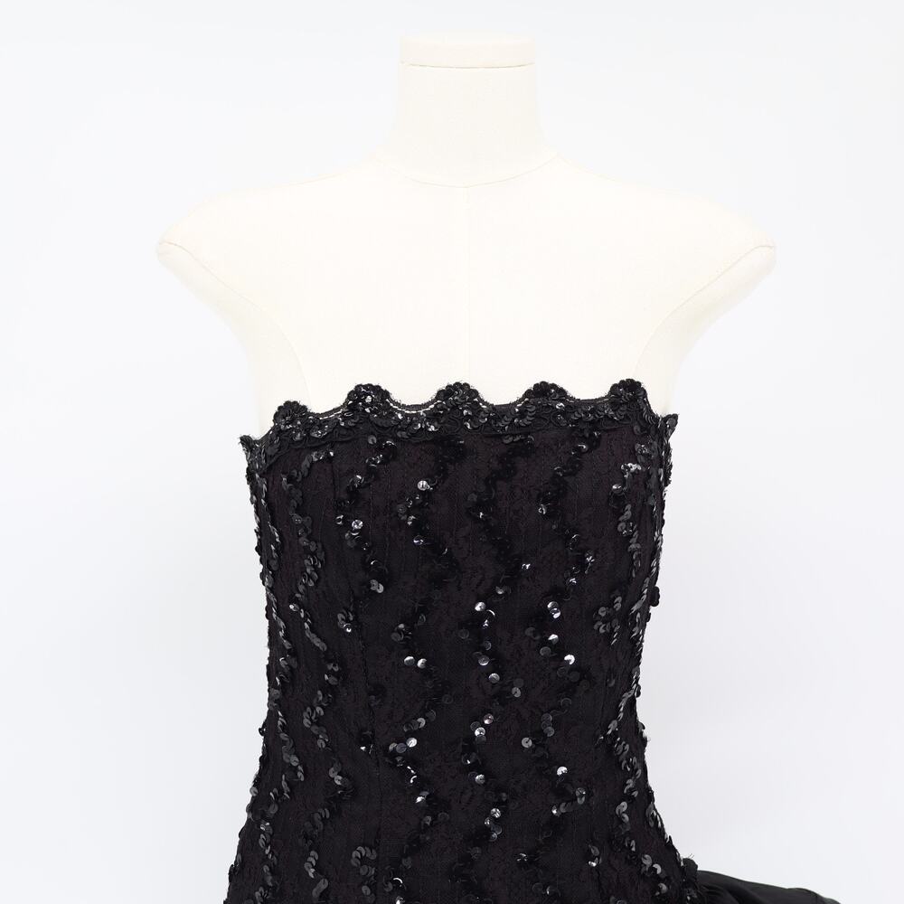 Vintage 90s Night Way Black Sequin Strapless Asymmetrical Ruffle Mini Dress Sz 6 - Picture 3 of 7